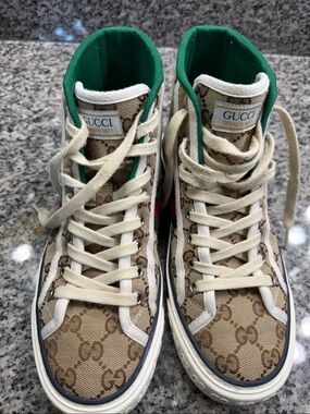 Gucci Beige GG Canvas Kids High-Top Sneakers with Green Lining
